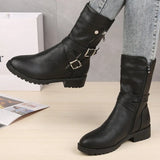 Mid-Calf Boots Plus Size 43 Women Buckle Goth Boots Female Low Square Heel Zipper Leather Flat Shoes Red Black Grey