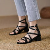 Breakj Back Zipper High Heel Sandals Women 2025 Summer New Word-Type Buckle With Retro Texture