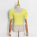 Patchwork Diamond Sweater For Female Square Collar Puff Short Sleeveless High Waist Slimming Women's Sweater