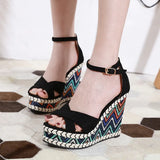 High Heels Platform Wedges Shoes Black High Heels with Cross Straps Ladies Platform Shoes Gladiator Sandals Chunky