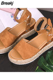 Wedges Shoes of Women Summer 2023 Ankle Strap Leopard Open Toe Flat Sandals Leopard Straw Platform Sandals Plus Size