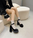 Breakj Thick-Soled New Chinese Single-Shoe Women Waterproof Table Small Velvet High Heels Cross With Round Head Mary Treasure