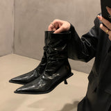 Temperament High Heel Thin Short Boots Women's Shoes 2024 New Brown Autumn And Winter Plus Velvet Pointed Boots Small Bare