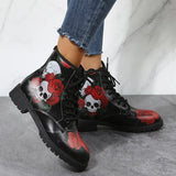 Skeleton Rose Women Snow Ankle Boots Motorcycle Skull Low Heels Shoes Vintage Pu Warm Winter Increase The 43 botas de