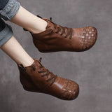 Breakj Time 138] National Wind Leather Hand-Woven Flat Bottom Short Boots Cow Skin Boots Soft Bottom Women's Cotton