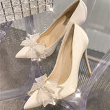 Breakj Drill Bow High Heels Summer Women's New Wedding Shoes Design French Famous Temperament Niche Pointed Single Shoes