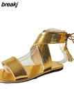 Size Women's Shoes 2023 Summer New Style Gold Flat Tassel Square Head Lace-up Women's