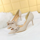Breakj Korean Version Pedicure Slim And Sweet Women's Shoes Thin Heel High Heel Shallow Tip Side Hollow Bow Single