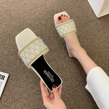 Breakj Version Of Beads Type Flat Bottom Slippers Female Slippers Square Head One Foot Pedal Home Pearl Slippers
