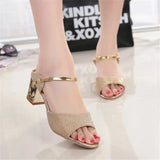 Square Heel Women Sandals Women Heel Shoes Gold Sliver Peep Toe Party Ladies Sandals Fashion Slip-On Summer Shoes