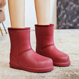 Warm Plush Women Rainboots Solid Outdoor Waterproof Girls Fur Ankle Boots Slip-on EVA Ladies Rain Platform