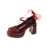 Breakj Heel Small Leather Shoes Female Spring New Wedding Shoes Pearl Bow Retro Thick Heel Thick Sole Heighten Mary Jane