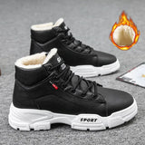 Snow Boots Men Black PU Leather Booties Waterproof Non-slip Male Sneakers 2021 Thicken Plsuh Keep Warm Platform Boots
