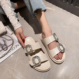Rhinestone Belt Buckle Slippers Women Thicken Sole Shoes Ladies Casual Slides Outdoor Flipflops Silver Beach Sandals