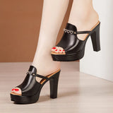 Fishmouth Slippers Women's Summer 2023 New Style High-Heeled Flip-Flops Large Size Muffin Thick-Soled Water Drill
