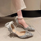 Breakj Temperament Pointed Bow Pearl Word With Silver High Heels Fine Heel Adult Lilies Hollow Lolita