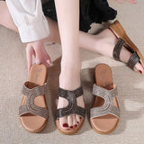 Breakj Women 2025 Spring And Summer New Fashion Water Drill Slope And Cool Slippers Thick Bottom Roman