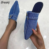 Design Slippers 2023 Spring New Pointed Deep Mouth Thick High-heeled Denim Outer Wear Baotou Slippers Shoes for