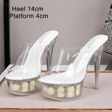 Women Catwalk Sexy Super High Heels Luminous Stiletto Platform Sandals Transparent Model Crystal Wedding Shoes