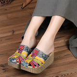 Genuine Leather National Style Hand Painted Slippers Outdoors Casual Summer Sandals Flower Wedges Slides Women