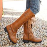 Breakj New Round Head High-Cvalry Knight Boots Belt Mouth Decoration Low-Heeling Women's Leather Boots Size