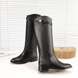 New Women Motorcycle Booties Belt Strap Metal Shark Lock Flat Heel Knee High Boots Woman Shoes Genuine Leather Botas