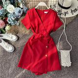V-neck Beach Playsuits Women Vintage With Belt High Waist Wide-legged Shorts Pants Slim Holiday