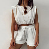 Streetwear 2 Two Piece Sets Summer Sleeveless Crop Top Drawstring Biker Shorts Set Bodycon Tracksuit 2021 Womens