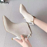Zipper Rhinestone Short Boots Women Pointed Stiletto Bow High Heels 2021 Autumn and Winter New Martn Boots