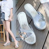 Breakj Women's Korean Version Of Fashion Casual High-Heeled Shoes With Transparent Flowers Water Drilled Outside Wearing A Word