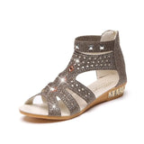 Women's Sandals Summer Golden Zipper Sandal Open Toe Gladiator Hollow Low Heel Sandals Bling wedges Pumps Ladies'