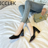 Leather Women Pumps Retro Square Heel Mary Jane Single Shoes College Style Square Head Leather Shoes Student High