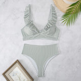 2025 New Swimwear Striped High-Waist V-Necked Lotus Edge Bikin Swimsuit Lady