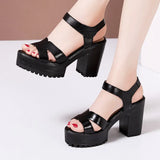 High-Heeled Sandals Women's Muffin Thick-Soled Waterproof Platform Size Velcro Leather Fish Mouth
