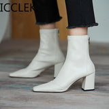 2020 simple PU women's boot back zipper square high heels solid pointed toe shoes party ball ankle boot black white