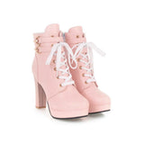 Pink White Black JK Uniform Womens Chunky Platform Ankle Boots Lolita Super High Heel Lace Up Boots Sweet Lace Side Zipper