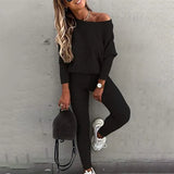 Sportswear Women Fashion Casual Solid Fit One Shoulder Top Long Pants Set Long Sleeve Top & High Waist Drawstring Pants