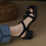 Sandals Female Middle Heel 2024 Summer Real Soft Leather Waterproof T-Shaped Buckle With Open-Toed High