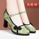 New Chinese Cheongsam Walking Shoes Retro Single Shoes High Thick Heels With Chinese Style Horse Dress Shoes
