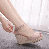 Breakj Cm Fish Mouth Water Table Heel Sandals Large-Size Sandals Bohimia Fish Mouth Sandals Hemp Rope Heel
