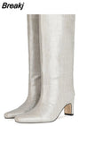 Retro Crocodile Print Woman Boots Square Toe Low Heel Blue Big Size Slip-on Knee-length Boots Autumn Shoes For