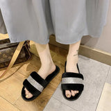 New Wool Mop Indoor Home Plush Slippers Warm Flat Bottom Rhinestone 43 Large
