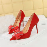 Breakj Banquet Light Luxury High-Heeled Shoes Women's Shoes With Shallow Pointed Mesh Lace Bow Single