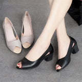 Leather Women Shoes Comfortable Ladies Mid Heel Sandals Hollow Peep Toe Square Heel Sandals Woman