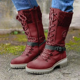 Medium-Sized Women's Boots 2024 Winter New Round Head Square Heel Leather Buckle Wool Spliced Martin
