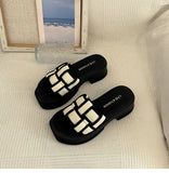 And White Plaid Slippers Women Wear 2023 Summer Korean One-Line Flat Beach Shoes Cool Women's