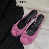 Women Close Toe Slippers Elegant kitten Heels Mule Shoes Round Toe Slide Outdoor Flip Flops 2023 Spring Female Bow Knot