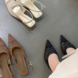 Breakj New High-Heeled Shoes French Pointed Mesh Yarn Hollow One-Word Buckle Sandals Wearing Front Fashion Women's