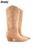 New Mid Heel Cowboy Boots for Women Pointed Toe Women's Shoes Embossing Suede Leather Shoes Mid-Calf Chunky Wedges