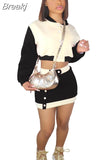 Winter Fall Outfits Women Patchwork Baseball Coat + Mini Skirts Sets 2 Piece Sets Womens Outfit Casual Streetwear